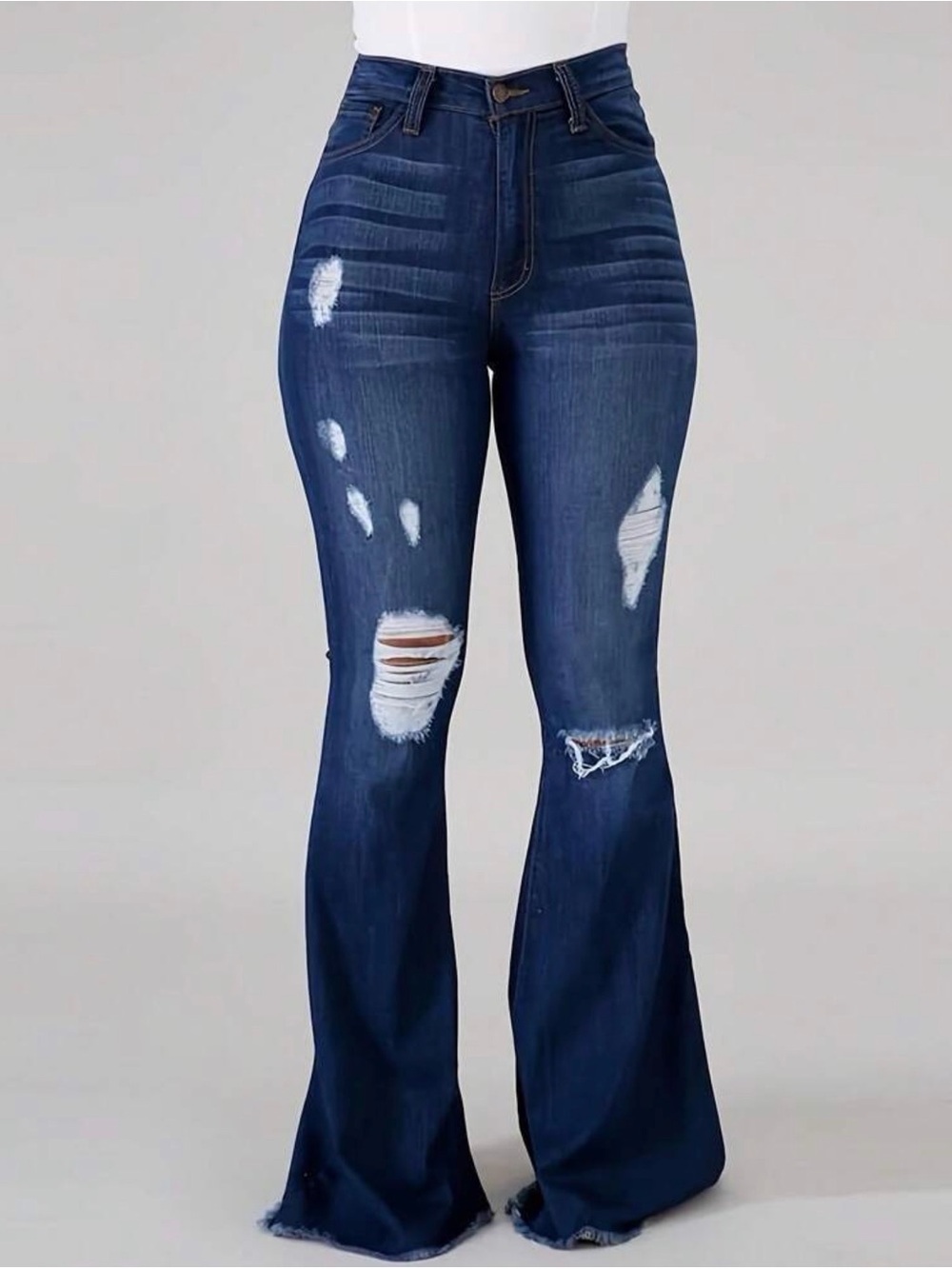 High-Waist Distressed Flare Jeans - Dark Blue - Picture 2 of 5